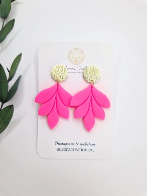 Neon Pink Earrings Statement Earrings Dangle Pink Neon Floral - Etsy UK Barbie Earrings, Art Macramé, Plant Earrings, Neon Rose, Diy Earrings Polymer Clay, Pink Barbie, Polymer Clay Jewelry Diy, Earrings Summer