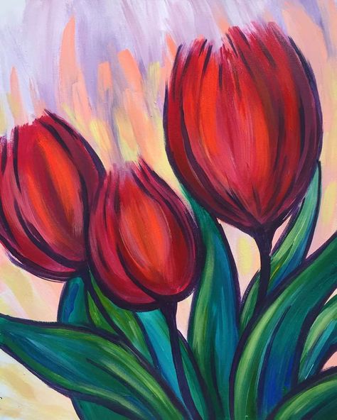 Easy Flower Painting, Tulip Painting, Acrylic Painting Flowers, Flower Painting Canvas, Simple Canvas Paintings, Soyut Sanat Tabloları, Oil Pastel Art, Easy Canvas Painting, Simple Acrylic Paintings