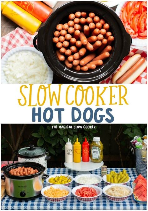 Slow Cooker Hot Dogs are a wonderful way to feed a crowd and taste just as good as hot dogs from a food cart! #hotdogs #hotdogbar #slowcooker Hot Dog Crockpot, Hotdogs For A Crowd, Hotdogs In Crockpot, Hot Dogs In Crock Pot, Crock Pot Hot Dogs, Crockpot Hotdogs, Hot Dogs For A Crowd, Summer Suppers, Hot Dog Party