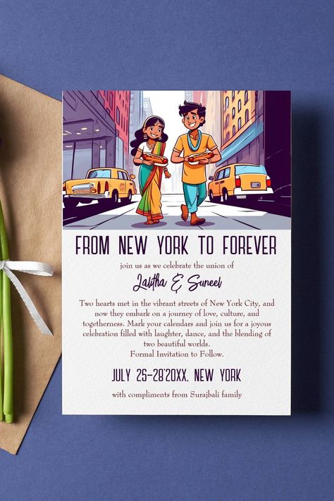 Indian wedding funny save the date template invitation couple with hot dogs in street of New York Walking In Street, New York Funny, Funny Save The Date, Funny Save The Dates, Dogs Walking, Hindu Wedding Invitations, Indian Couple, Invitations Ideas, Template Invitation