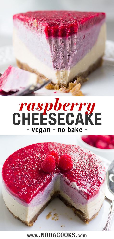 Healthy Vegan Cheesecake, Raw Cheesecake Vegan, Vegan No Bake Cheesecake, Vegan Raspberry Cheesecake, Raspberry Topping, Tart Raspberry, Raw Vegan Cheesecake, Vegan Cheesecake Recipe, Healthy Cheesecake