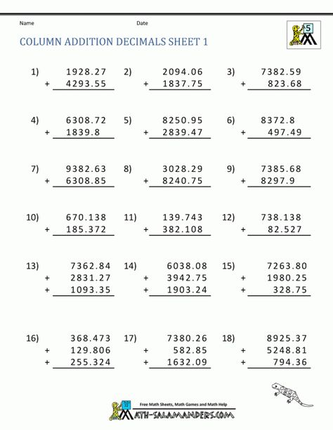 9+ Addition Of Decimals Worksheet 5Th Grade -  -  Check more at https://printable-sheets.com/9-addition-of-decimals-worksheet-5th-grade/ Subtracting Decimals Worksheet, Adding Worksheets, Decimals Addition, Reto Mental, Adding Decimals, Fun Math Worksheets, 5th Grade Worksheets, Math Practice Worksheets, Decimals Worksheets