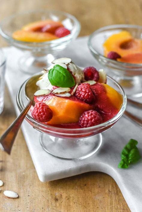 Poached Peaches Melba with Raspberry Sauce (2) Traditional French Desserts, Summer Fruit Recipes, Peach Melba, Homemade Chocolate Truffles, Raspberry Desserts, Raspberry Sauce, Peach Desserts, French Desserts, How To Roast Hazelnuts