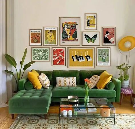 7 Ways to Make Your Home Colorful Without Feeling Cluttered - The Cottage Market Green Sofa Colorful Living Room, Green Couch Living Room Maximalist, Maximalist Decor Green And Orange, Bright Living Room Colors, Maximalist Decor Green Couch, Green Sofa Retro Living Room, Funky Living Room, Composite Flooring, Funky Living Rooms