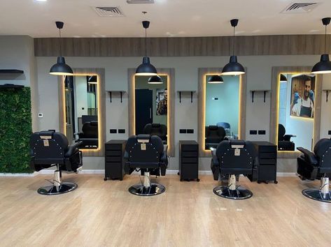 SALON DUBAI Barbing Salon Design In Nigeria, Parlour Design Interiors, Barbing Salon Design, Beauty Bar Salon Ideas Interior Design, Modern Barber Shop Ideas Interior Design, Modern Barber Shop Interior, Modern Barber Shop, Barbershop Design Interior, Parlour Design