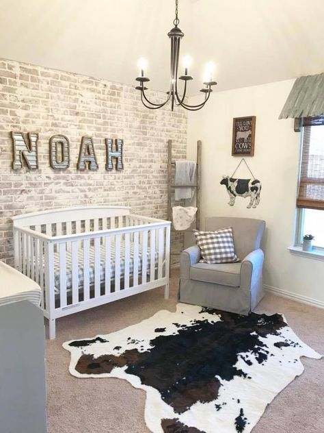 love the light brick accent wall for bedroom #BedroomForKidsAtticSpaces farmhouse cow themed very cute with chandelier Cow Nursery, Brick Accent Wall, Farmhouse Nursery, Farm Nursery, Baby Boy Room Decor, Nursery Room Design, Baby Boy Room Nursery, Nursery Room Inspiration, Baby Room Design