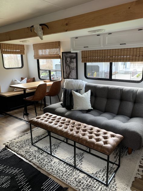 Industrial Rv Remodel, Grey Rv Interior, Color Schemes For Rv Camper Interior, Camper Renovation Living Room, Cozy Rv Aesthetic, 2003 Keystone Montana Remodel, Blue Rv Interior, Travel Trailer Dinette Remodel, Camper Living Room Ideas