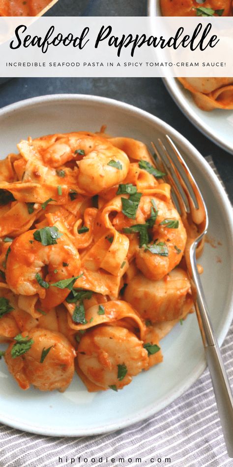 Seafood Pappardelle . . Scallops, shrimp and more.  Incredible seafood pasta in a spicy tomato-cream sauce. Easy to make and delicious, you don't want to pass this one up! #seafoodpappardelle #pasta #pappardelle #shellfish #dinner #maincourse #seafoodpasta Pasta Pappardelle, Scallop Pasta, Shrimp Scallops, Pappardelle Pasta, Seafood Pasta Recipes, Spaghetti Bolognese, Seafood Pasta, Seafood Dinner, Sauce Tomate