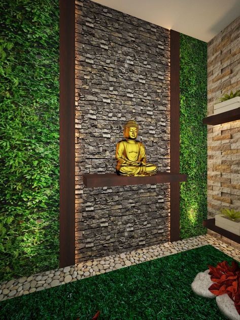 Buddha Balcony, Entrance Wall Design Front Entry, Entrance Garden Ideas, Buddha Decor Ideas, Buddha Wall Decor Interior Design, Wooden False Ceiling, Waterfall Decoration, Buddha Wall Decor, Green Wall Design