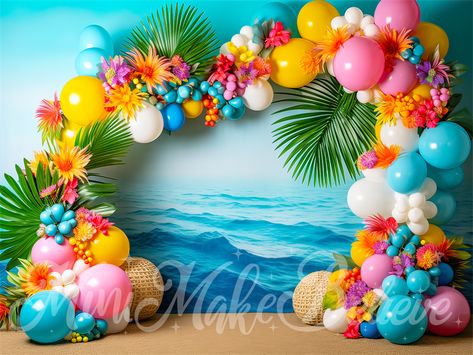 Flower And Balloon Arch, Birthday Backdrop Design, Arch Cake, Festa Moana Baby, Balloon Tower, Hawaiian Party Decorations, Luau Theme Party, Hawaiian Luau Party, Hawaiian Decor