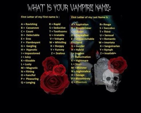 What is Your Vampire Name Your Vampire Name, Vampire Username Ideas, Vampire Names List, Vampire Names Female, Vampire Information, What Is Your Vampire Name, Vampire Names, Vampire Name Generator, True Blood Party