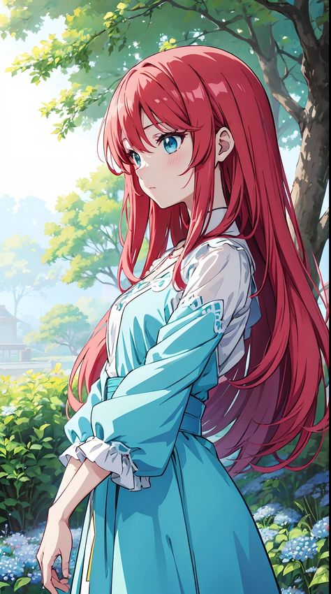 Red Hair And Blue Eyes Anime, Red Purple Hair, Red Hair Blue Eyes, Anime Red Hair, Dark Blue Eyes, Short Red Hair, Anime High School, Manga Story, Red Girl