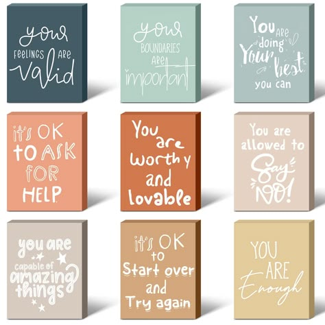 PRICES MAY VARY. Satisfy Your Decoration Needs: the package comes with 9 pieces of mental health reminders shelf decorations in 9 different styles, printed with inspirational and inspiring sentences, which are suitable to be placed anywhere in your home and always encourage you Novel Design: the motivational desk decor contains 9 styles in different pastel colors ; They are ideal decorations for home, office, gallery and more, using them as decorations will bring a positive and powerful atmosphe Counselling Room Design, School Counseling Office Decor, Affirmations Wall Decor, Principal Office Decor, Health Reminders, Counselling Room, Therapists Office, School Counselor Office Decor, School Office Decor