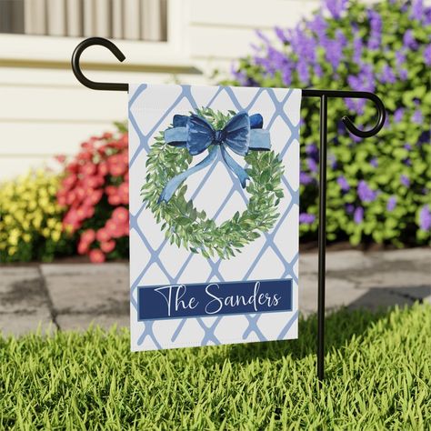 Custom Garden Flag Preppy Bow Initial Wreath Coquette Last Name Sign Yard Art Grand Millennial Personalized Decor Porch Flag Plaid Patio https://www.etsy.com/listing/1728274578/custom-garden-flag-preppy-bow-initial Monogram Door Wreath, Bow Monogram, Porch Flag, Initial Wreath, Summer Garden Flags, Grand Millennial, Preppy Plaid, Last Name Sign, All Flags