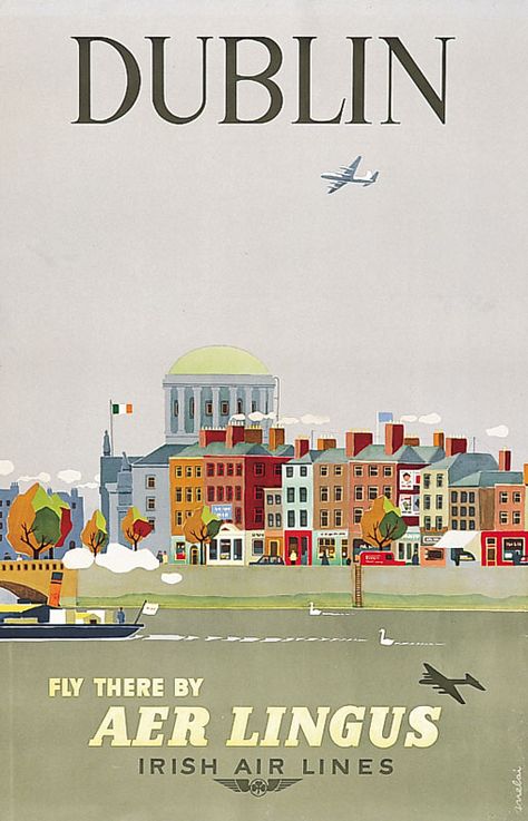 DUBLIN - Fly Aer Lingus. Cityscape of the north quays of Dublin's River Liffey, showing the Four Courts, and a colourful representation of Dublin's famous Georgian architecture, by A. Melia 800.514 Old Posters, Vintage Ireland, Aer Lingus, Vintage Airline Posters, Aviation Posters, Tourism Poster, Vintage Airlines, Retro Travel Poster, Holiday Poster