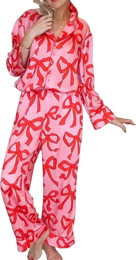 MAINESAKA Womens Button Down Pajamas Set Long Sleeve Bow/Heart Print Button Up Shirt Lounge Pants y2k Pjs Cute Sleepwear (Bow, M) at Amazon Women’s Clothing store Dirndl Outfit, Shirt Collar Styles, Cute Pajama, Cute Pjs, Cute Pajama Sets, Bandeau Tops, Cute Sleepwear, Bow Print, Christmas Pjs