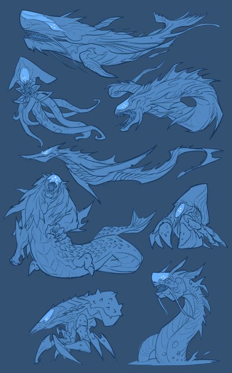 ArtStation - Beneath the Waves, Hua Lu Sea Monsters Drawing, Sea Monster Art, Ocean Monsters, Sea Creatures Drawing, Sea Creatures Art, Creature Artwork, Cool Monsters, Fantasy Beasts, Alien Concept Art