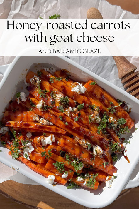 Honey-roasted carrots with balsamic glaze, goat Cheese, and parsley. This dish combines sweet, salty, tangy, and creamy flavors. It’s easy to make and sure to impress at any gathering! Make this side dish for any occasion or weeknight dinner! Goat Cheese Roasted Carrots, Honey Balsamic Carrots With Goat Cheese, Roasted Carrots With Balsamic Glaze, Honey Balsamic Roasted Carrots With Goat Cheese, Dinner With Celery And Carrots, Roasted Carrots Goat Cheese, Roasted Carrots And Goat Cheese, Carrots And Goat Cheese, Goat Cheese Carrots