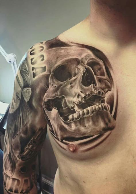 Skull tattoo Skull Chest Tattoo Men, Skull Tattoo Chest, Stomach Tatoo, Skull Chest Tattoo, Half Sleeve Tattoos Lower Arm, Wicked Tattoos, Chest Tattoo Men, Stomach Tattoos, Chest Piece