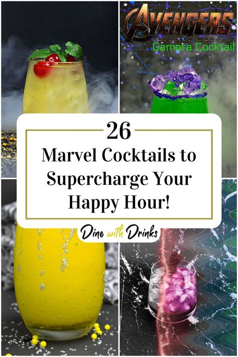 Collage of 4 marvel cocktails. Marvel Cocktails Recipes, Marvel Drinks, Heroes And Villains Party, Marvel Cocktails, Superhero Cocktails, Avengers Drinks, Avengers Cocktails, Marvel Inspired Cocktails, Marvel Themed Drinks