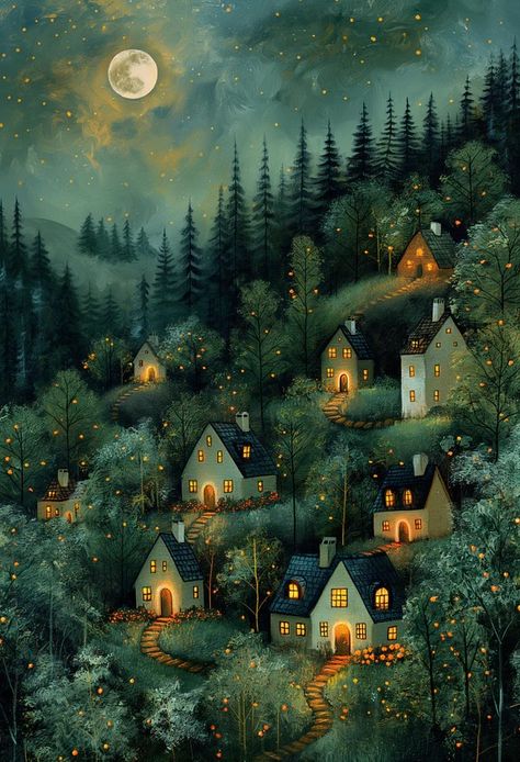 Whimsical Nightscapes Fairy Tale Digital Art Illustration – Pixel Craft Storybook Art Vintage, Storybook Art Illustrations, Fairytale Village, Fairy Tale Illustration, Storybook Art, Whimsical Artwork, Fairytale Illustration, Living Things, Fairytale Art