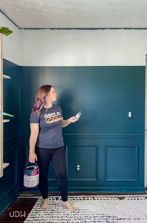 How to Get Half Painted Walls in 3 Easy Steps • Ugly Duckling House || How to achieve 3/4 or half-painted walls with one awesome trick! Get the full tutorial and my easy tips for a crisp result. https://www.uglyducklinghouse.com/half-painted-walls/ Painting Halfway Up The Wall, Dark Green Bottom Half Wall, Paint Bottom Half Of Wall, Half Painted Wall Bedroom Green, Half Up Painted Wall, 3/4 Painted Wall, Half Painted Wall Green, Paint Half Wall, Diy Plywood Countertop