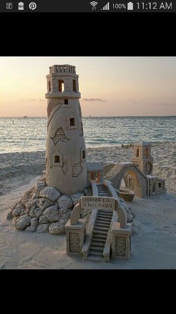 Aruba lighthouse Beach Sand Castles, Beach Sand Art, Australian Painting, Snow Sculptures, South Padre Island, Snow Art, Sand Sculptures, Beach Activities, Beautiful Lighthouse