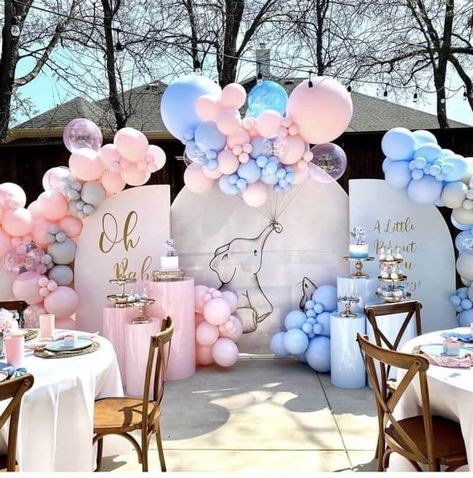 Pastel Gender Reveal Party Decor, Gender Reveal Different Colors, Elephant Gender Reveal Party Decorations, Elephant Theme Gender Reveal, Elephant Gender Reveal Party, Modern Gender Reveal, Elephant Gender Reveal, Party Decorations Table, Gender Reveal Baby Shower Themes