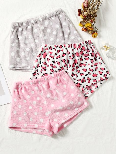 3pcs Leopard And Polka Dot Pattern Flannel Sleep Shorts Dream Dresser, Dot Heart, Holiday 2022, Kids Holiday, Pj Shorts, Girls Shorts, Sleep Shorts, Holidays With Kids, Polka Dot Pattern