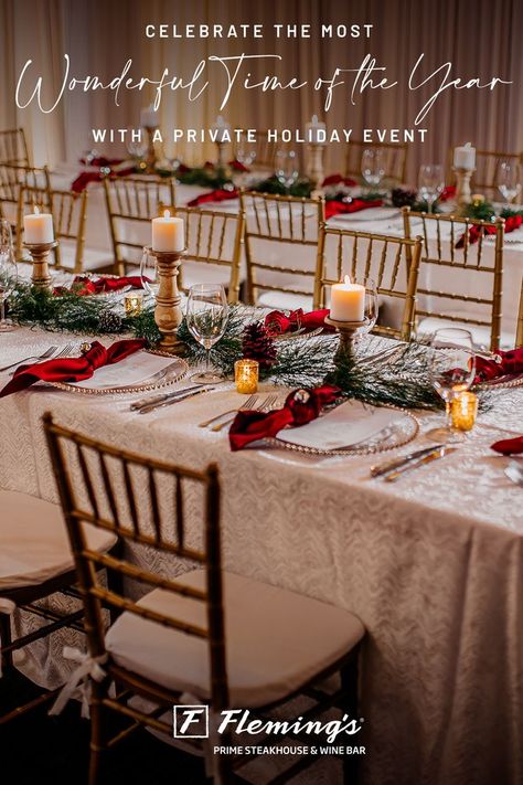 Impress your Guests with our bar packages, multi-course menus and custom event décor this year. Dinner Table Christmas, Dinner Party Christmas, Christmas Banquet, Church Christmas Party, Christmas Wedding Themes, Ward Christmas Party, Company Christmas Party, Christmas Dinner Table, Christmas Dinner Party