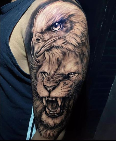 Lion And Eagle Tattoo Design, Mens Tattoos Ideas Shoulder, Eagle And Lion Tattoo, Lion And Eagle Tattoo, Lion King Decorations, Lion Leg Tattoo, Lion Paintings, Lions Tattoo, Lion Tattoo On Thigh