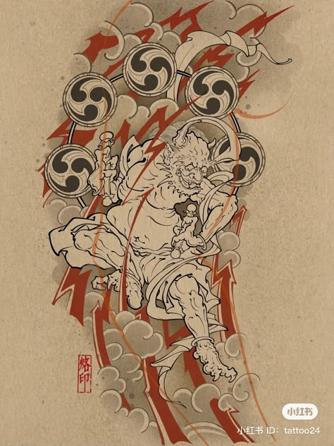 Rajin Fujin Tattoo, Raijin Tattoo, Japanese Leg Tattoo, Traditional Tattoo Drawings, Dragon Tattoo Sketch, Tattoo Japanese Style, Traditional Tattoo Designs, Wind Art, Japan Tattoo Design