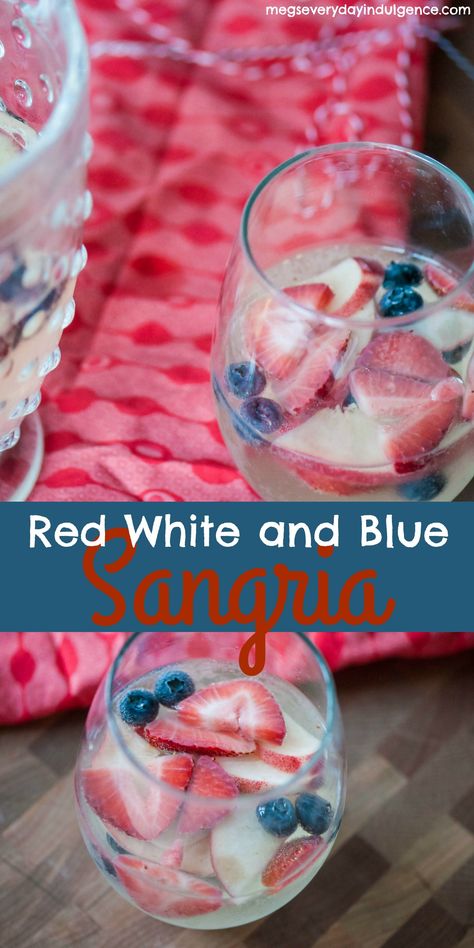 Make the 4th of July even more festive with this Red White and Blue Sangria. Strawberries, blueberries, peaches, white wine and sparkling lemonade all combine to create a delicious, refreshing drink that screams America. Memorial Day Sangria, Red White And Royal Blue Party, Red White And Booze Party, Red White Blue Cocktails, Red White And 2 Birthday, Red White And Blue Birthday Party, Red White And Blue Cocktails, Memorial Day Party Ideas, Red White And Blue Sangria