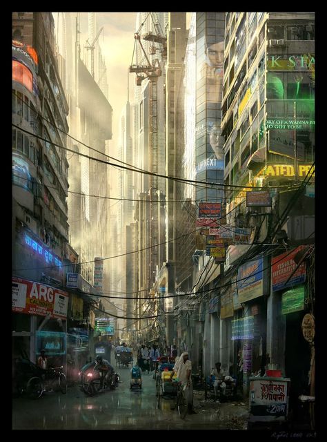 Rare daylight pic luv this Futuristic Indian City, Futuristic Town, Raphael Lacoste, Futuristic Dystopia, Cyberpunk Cities, Indian Bazaar, Tech Noir, Strange Weather, Sci Fi City