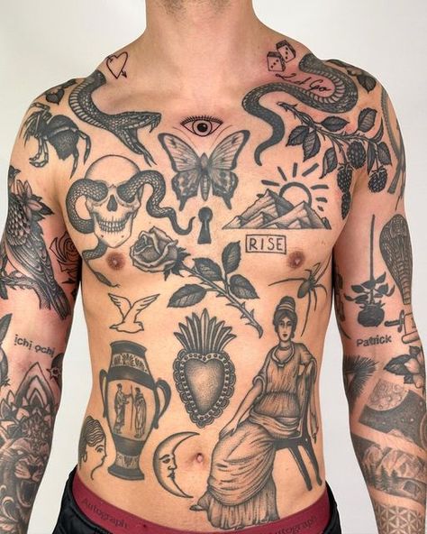 Patchwork Bird Tattoo, Patchwork Rose Tattoo, Top Of Shoulder Tattoo Men, Traditional Tattoo Torso, Blackberry Branch, Top Of Shoulder Tattoo, Traditional Chest Tattoo, Traditional Chest, Traditional Black Tattoo