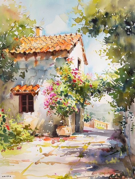 #WatercolorPainting #HouseWithRedRoof #BeautifulLandscape #UnusualColorScheme #TheCandie House With Red Roof, Painting Of A House, Painting Doors, Red Roof House, Detailed Watercolor, Inspirational Digital Art, Learn Watercolor Painting, Watercolour Landscape, Learn Watercolor