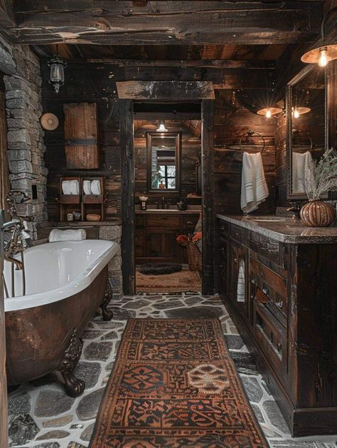 Western Boho Bathroom, Rustic Cabin Bathroom, Western Bathrooms, Lodge Bathroom, Rustic Bathroom Ideas, Earthy Bathroom, Boho Style Bathroom, French Country Bathroom, Rustic Log Cabin