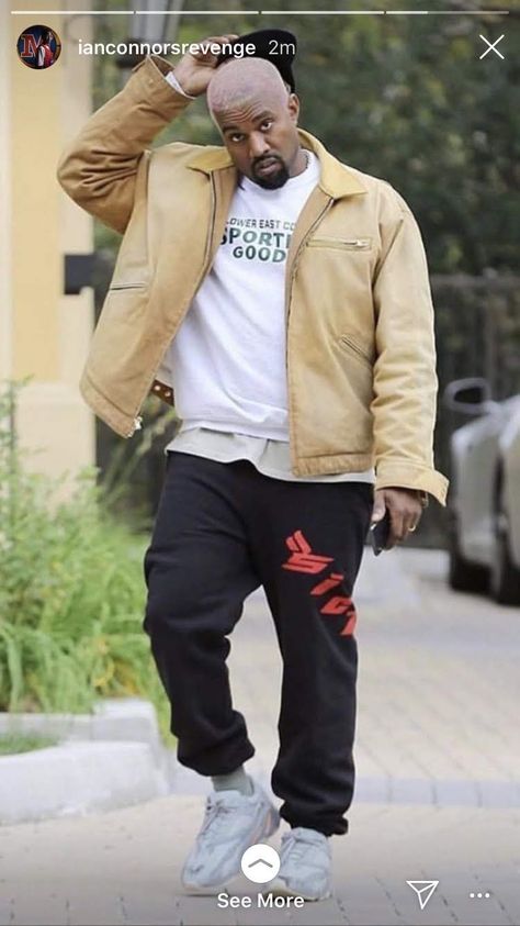 Shirt: Lower East Coast Sporting Goods Crewneck. Pants: Sickö Born From Pain Sweatpants. Shoes: Yeezy Boost 700 Inertia Kanye Inspired Outfits, Kanye West Outfits Street Styles, Kanye Wyoming, Kanye Outfits, Kanye Fits, Kanye West Fashion, Kanye Style, Kanye West Show, Rap Fashion