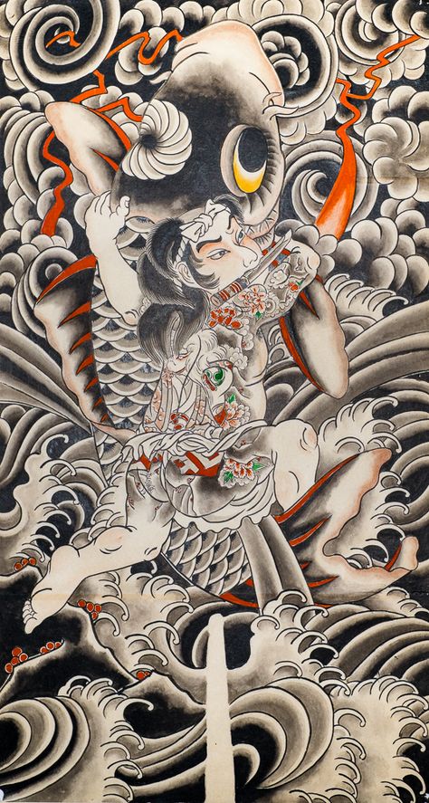 Koi, Demon Japanese Snake Tattoo, Oni Tattoo, Japan Tattoo Design, Irezumi Tattoos, Mask Tattoo, Samurai Tattoo, Japan Tattoo, Japanese Illustration, Traditional Tattoo Design