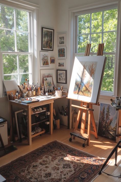 Tiny art studio. North light windows, easel in the corner, helper sink.

Set your canvas aside for a moment, we've gathered 58 awe-inspiring artist studios from around the world that are bound to light your creative fuse. These art dens not only house the muses of your favorite painters, sculptors, and digital artists, but also reflect their unique personalities and artistic styles.…

Read more: https://tastyinteriors.com/generated-post-58-artist-studio-inspirations/ Sunroom Painting Studio, Painting Art Studio, Organized Art Studio, Art Studio In House, Home Art Studio Aesthetic, Garden Art Studio, Artist Table Ideas, Artist Decorations, Art Corner Studio