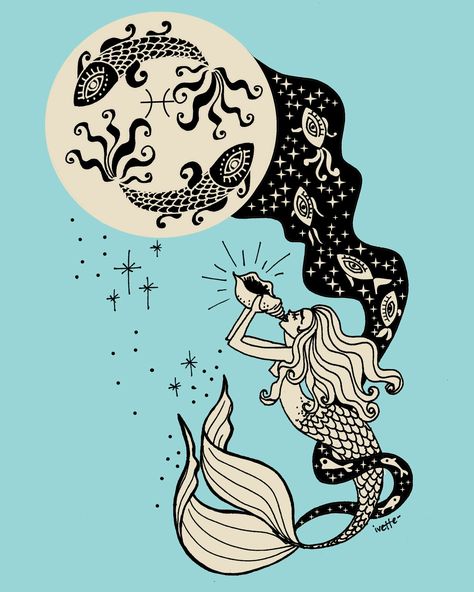 Pisces Artwork, Mermaid Pisces, Pisces Illustration, Art Curation, Full Moon In Pisces, Moon In Pisces, Moon Board, Seashell Tattoos, Space Phone Wallpaper