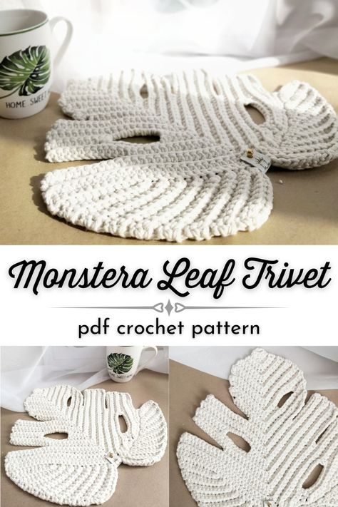 Check out this beauitful structural monstera leaf trivet crochet Pattern! What a grogeous and thick table protector for your dining table. So on trend with the monstera leaf. I can't wait to make a bunch of these as gifts! #MonsteraLeaf #CrochetPattern #CrochetMonstera #CrochetedTrivet #CrochetedPlaceMat #MonsteraTrivet #MonsteraDecor #BohoDecor #LapaLand #CraftEvangelist Crochet Patterns Leaf, Monstera Leaf Crochet Coasters, Crochet Leaf Placemat, Crochet Leaf Placemat Free Pattern, Crochet Table Decor, Monstera Crochet Pattern Free, Crochet Monstera Leaf Pattern, Free Written Crochet Patterns, Crochet Monstera Leaf Free Pattern