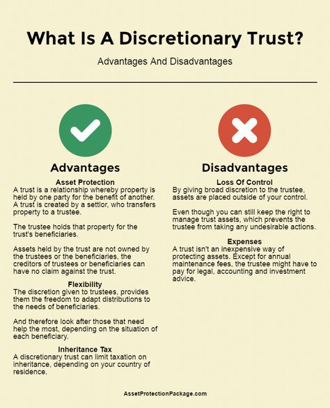 What Is A Discretionary Trust? – Advantages And Disadvantages - Infographic  http://www.assetprotectionpackage.com/what-is-a-discretionary-trust-advantages-and-disadvantages/  With a discretionary trust the beneficiaries do not have a fixed entitlement in the trust fund.  https://youtu.be/go4x-6xsxo0 How To Open A Trust Fund, What Is A Trust Fund, Wills And Trusts Outline, How To Start A Trust Fund, Trust Accounts, Legacy Planning, Life Checklist, Trust Funds, Life Organization Binder