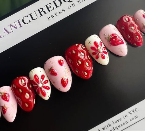 Cute Fake Nails, 3d Strawberry, Strawberry Decor, Long Almond, Nails 3d, Summer Fresh, Kawaii Nails, Birthday Nails, Minimalist Nails