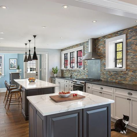 75 Beautiful Double Island Kitchen Pictures & Ideas | Houzz Kitchen Layout Ideas With Double Island, Split Island Kitchen, Two Island Kitchen Layout Open Concept, Kitchen With Double Islands, Dual Kitchen Islands, Double Kitchen Islands Layout, Kitchen Island With Seating On 3 Sides, Two Kitchen Islands Layout, Double Kitchen Island Ideas