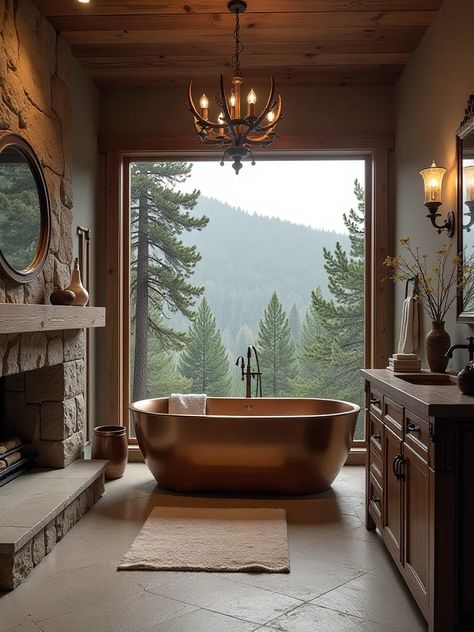 Opulent Hollywood Regency bathroom with black and gold clawfoot tub Free Standing Copper Bath Tub, Copper Soaking Tubs Master Bath, Bathroom Big Window, Clawfoot Shower Tub, Clawfoot Tub Bathroom Vintage, Gold Clawfoot Tub, Clawfoot Tub Shower Combo, Claw Foot Tub Bathroom, Regency Bathroom