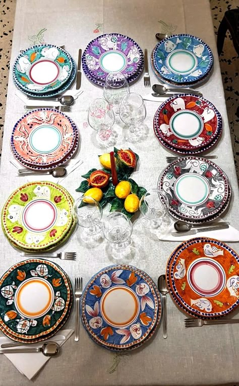 Italian Ceramics Pottery, Dolce Vita Wedding, S Pellegrino, Wedding Theme Design, Italian Lunch, Villa Toscana, Table Settings Ideas, Mismatched Plates, Small Pleasures