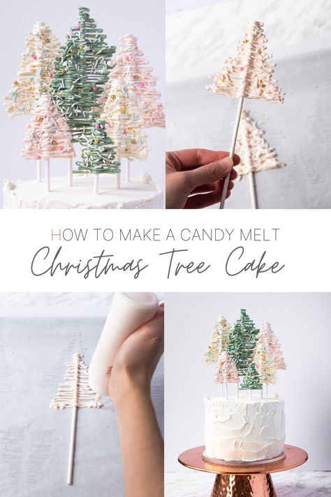 Cake Tree Decoration, Christmas Cakes 2022, Cake Decorating Christmas Easy, Simple Decor Cake, Xmas Tree Cake Ideas, Christmas Cake Simple Decoration, Christmas Tree Cake Decorating Ideas, Christmas Tree Cupcake Toppers, Christmas Cake With Trees