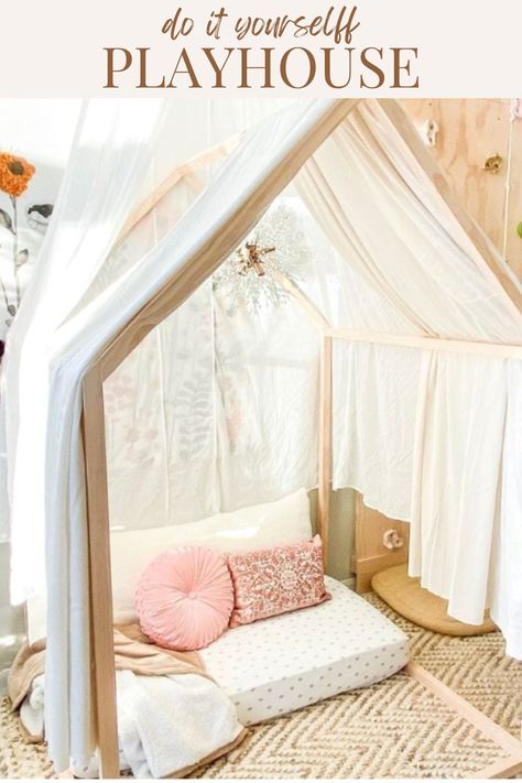 I'm loving this modern playhouse frame for the playroom and repurposed crib mattress to transform it into a reading nook. This would be fun for children of all ages! Floor Bed Reading Nook, Crib Mattress Floor Bed Diy, Crib Mattress Reading Nook, Repurposed Crib Mattress, Crib Mattress Repurpose, Repurposed Crib, Playroom Diy, Playroom Idea, Modern Playhouse