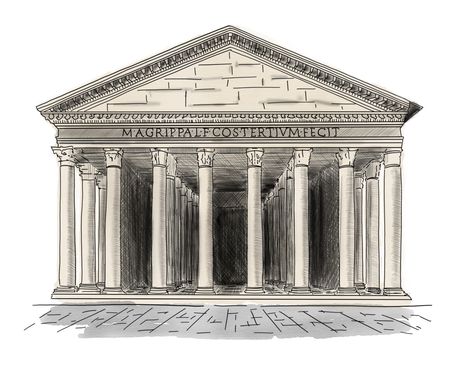 The Pantheon Drawing, Greece Temple Drawing, Pantheon Rome Sketch, Pantheon Rome Drawing, Greek Temple Drawing, Pantheon Sketch, Pantheon Drawing, Greek Architecture Drawing, Rome Drawing